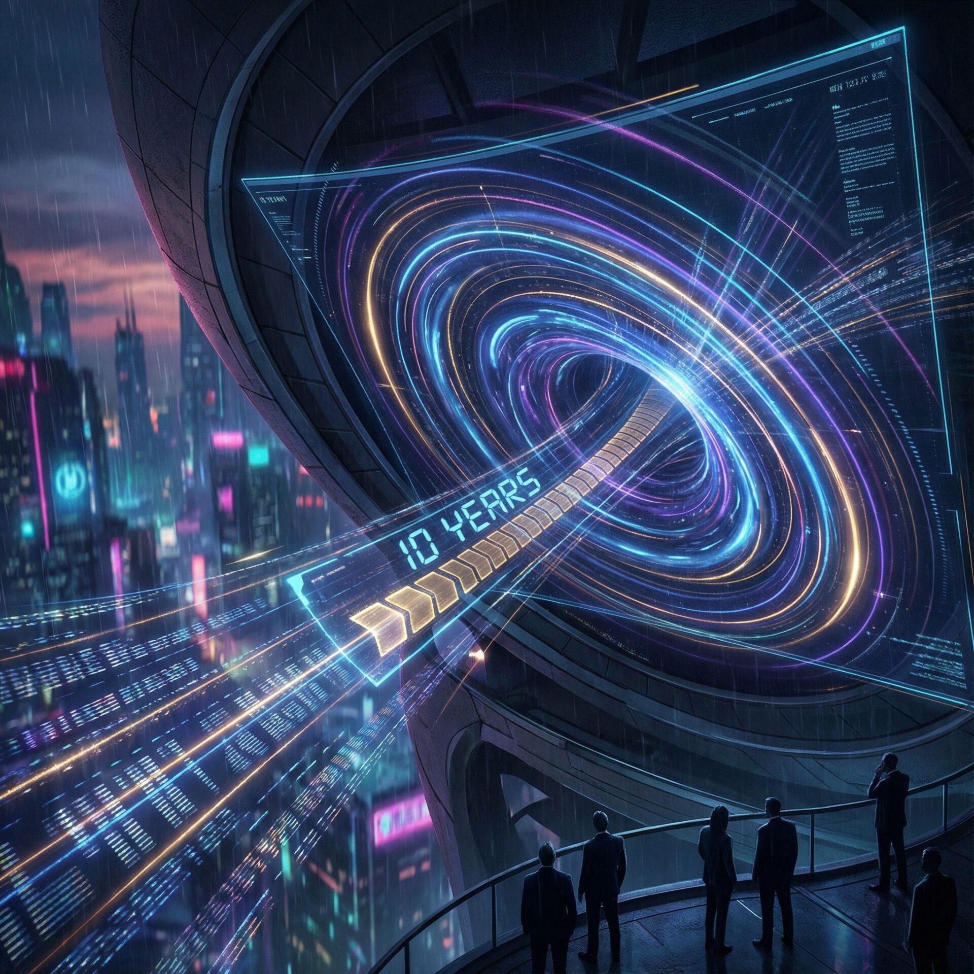 네온 도시 배경에 카지노 UI가 빛나는 10년 타임라인을 소용돌이로 삼키는 모습이다
