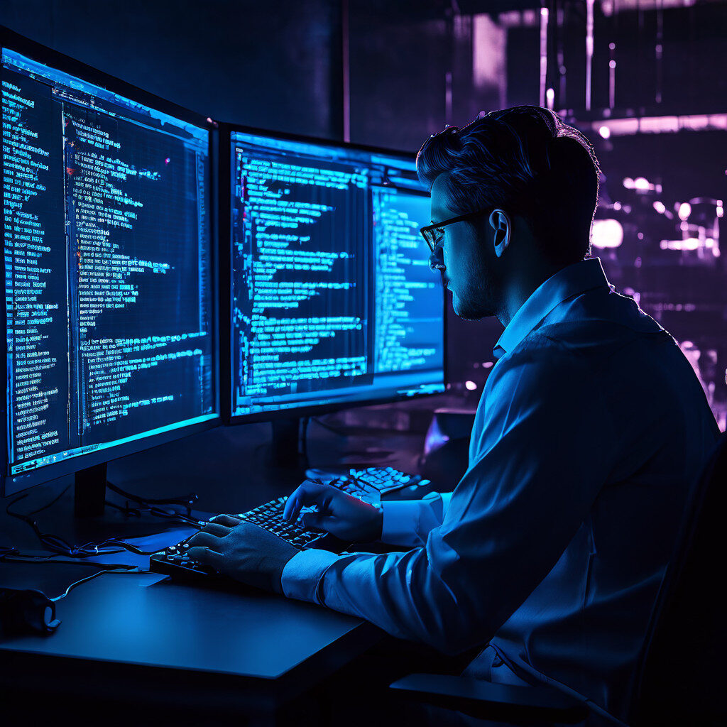 푸른빛 모니터에 서버 로그가 빛나고, 분석가가 프록시 흔적을 추적하는 모습이다
