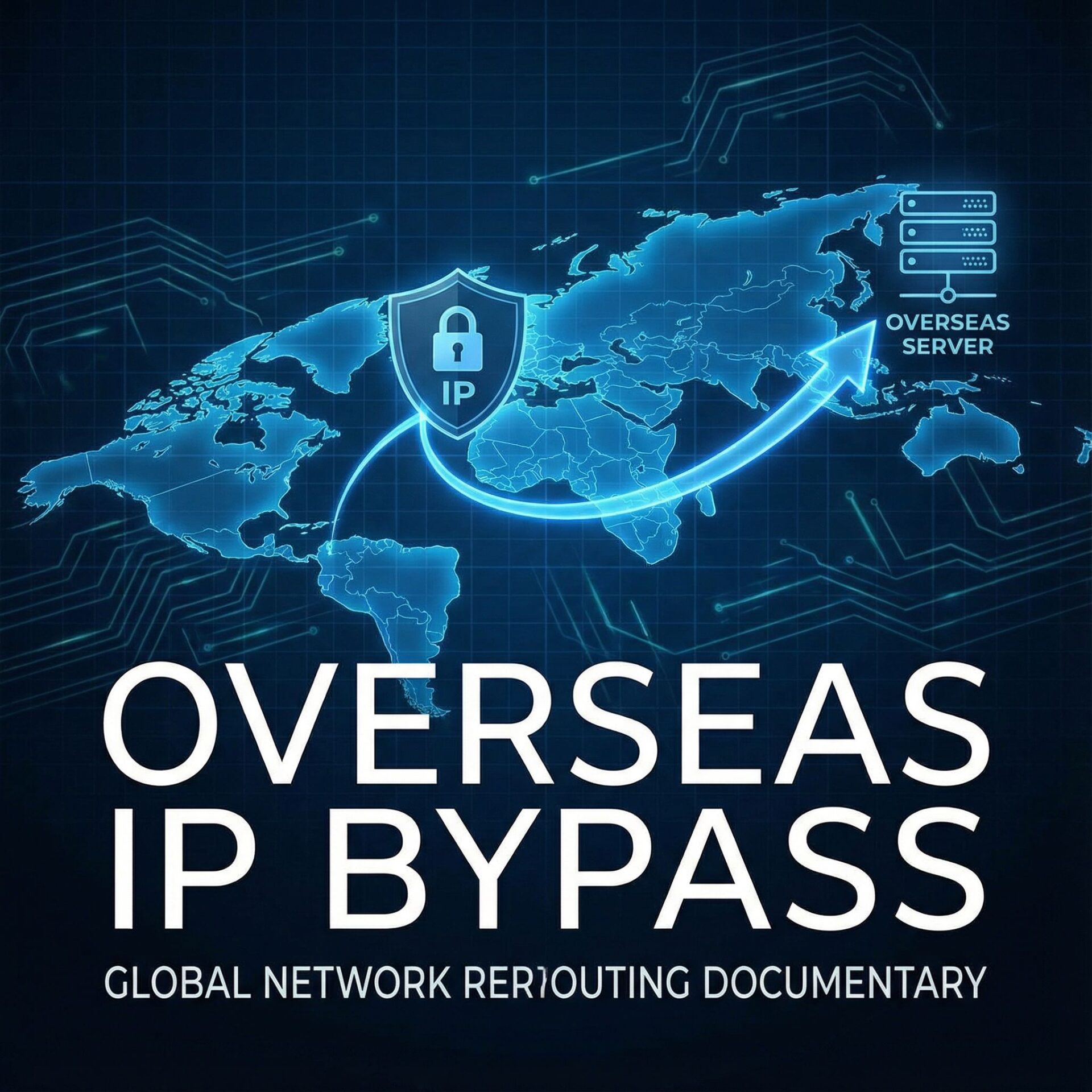 어두운 배경에 세계지도와 방패 IP가 국경을 우회하는 화살표, 해외IP우회 제목이 있는 모습이다