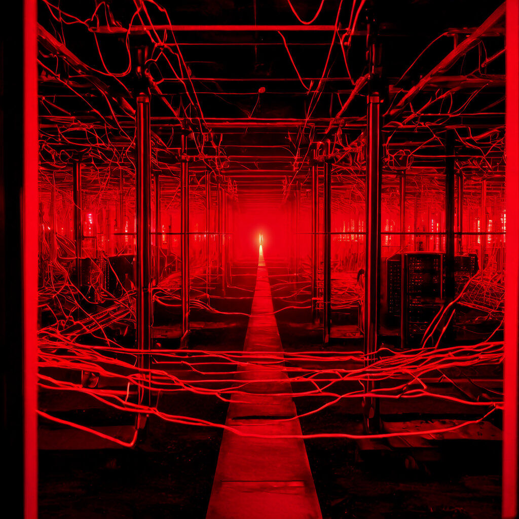 푸른색 네트워크 그리드 위로 붉은 경고 신호가 파동처럼 퍼져나가는 모습이다.