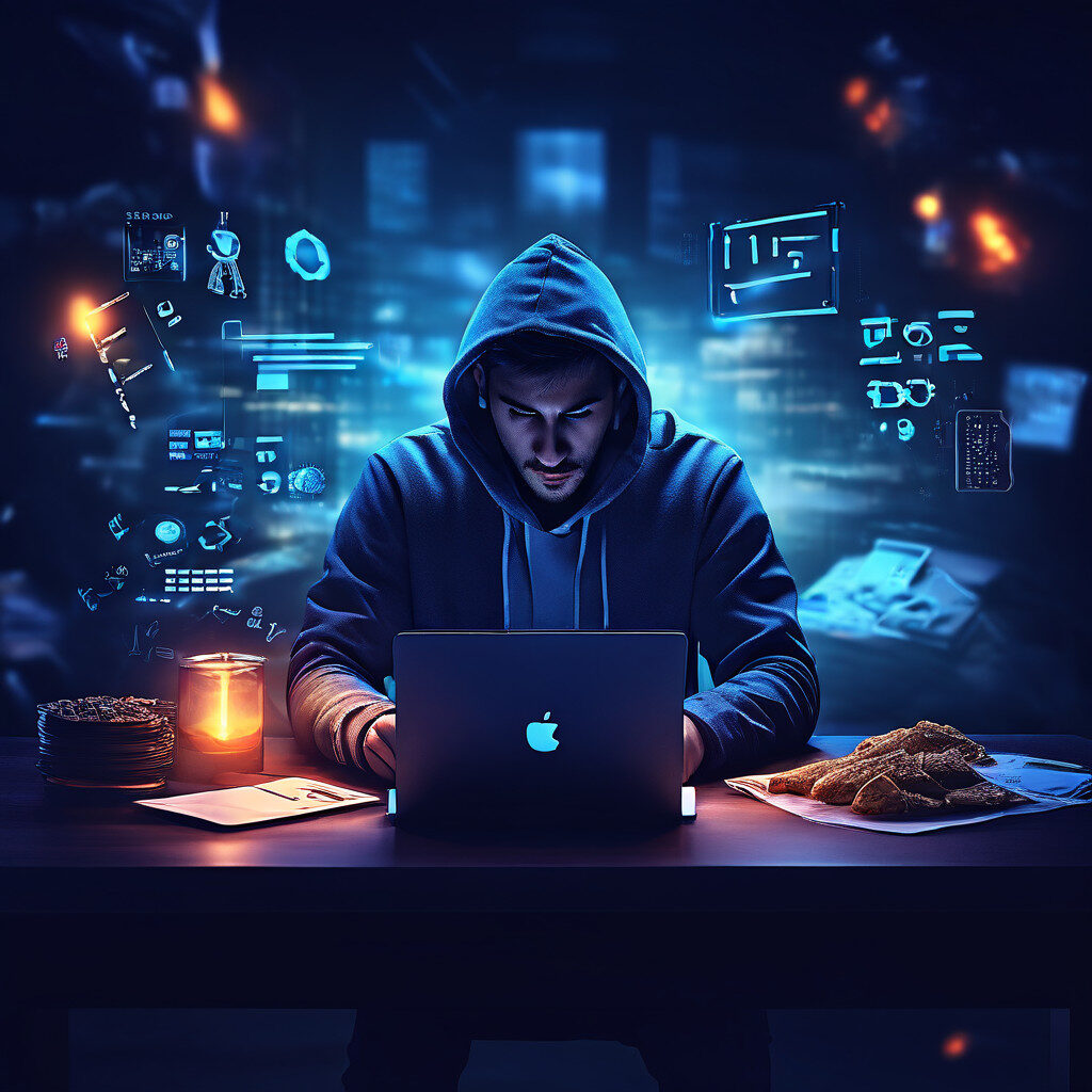 어두운 조명 책상 앞 인물이 노트북에 먹튀 위험 검색, 푸른 화면과 돋보기·물음표 오버레이가 보이는 모습이다