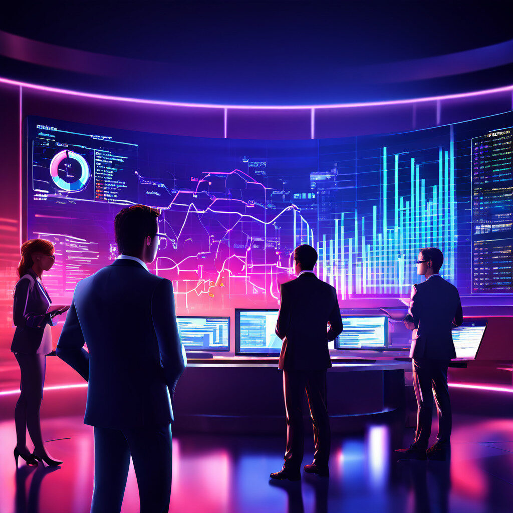 푸른빛 홀로그램 화면의 오류확률 문구를 두 분석가가 확대하며 차트와 코드가 겹친 미래형 사무실 모습이다