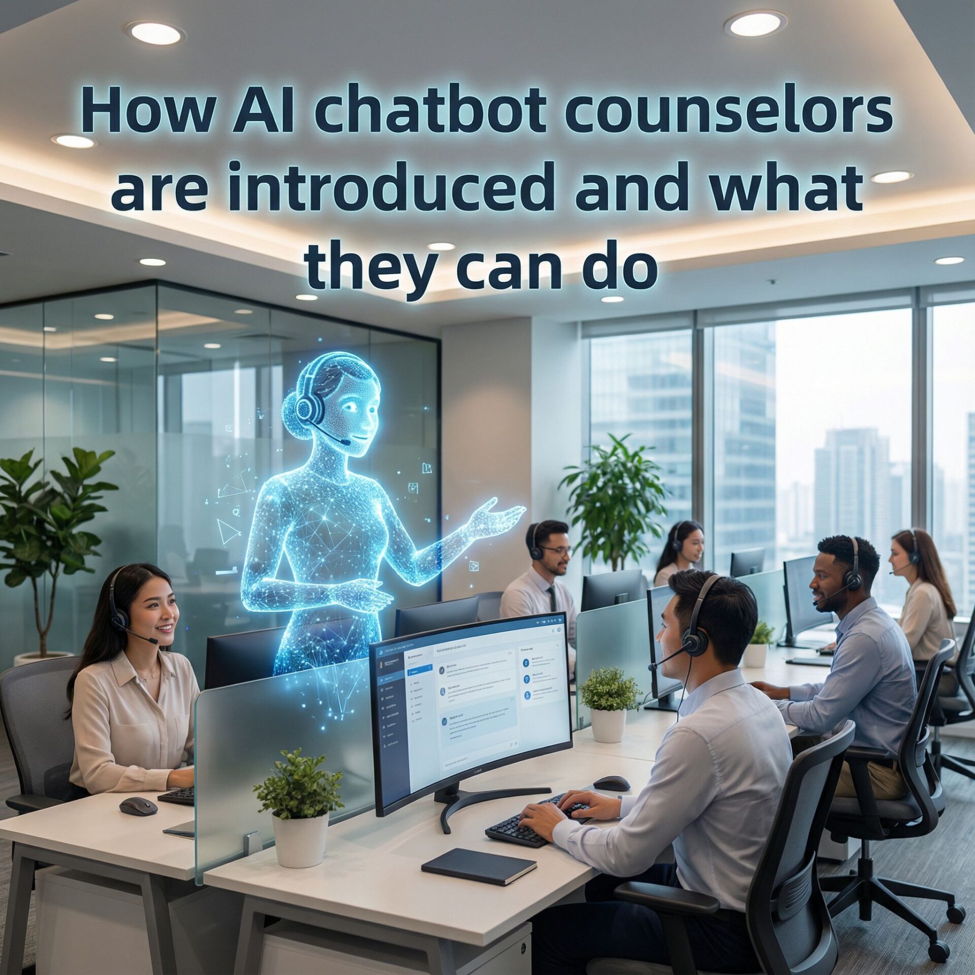 밝은 현대 사무실 배경에 AI 홀로그램과 상담원이, AI 챗봇 안내 타이틀 카드 아래 보이는 모습이다