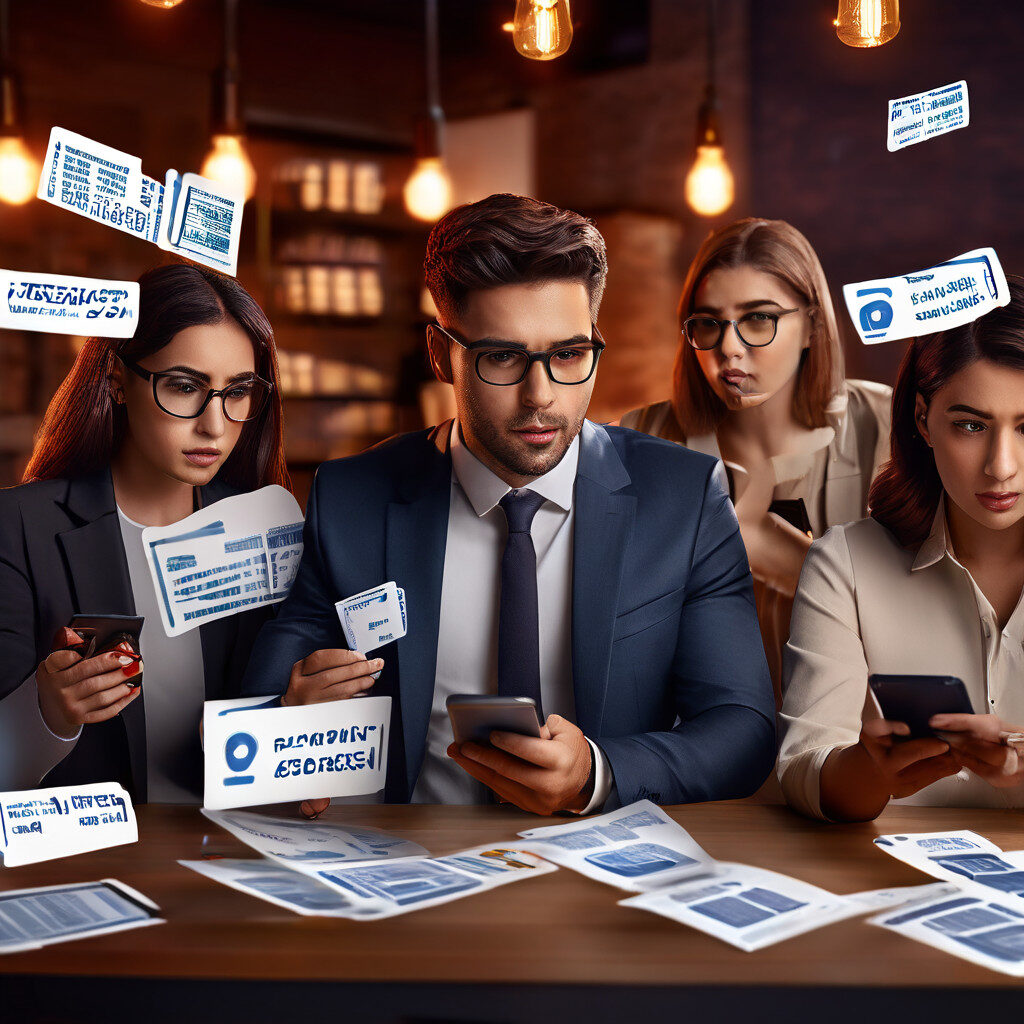 안경을 쓴 여러 사람이 테이블에 모여 스마트폰과 문서를 동시에 확인하며 집중하는 실내 업무 장면