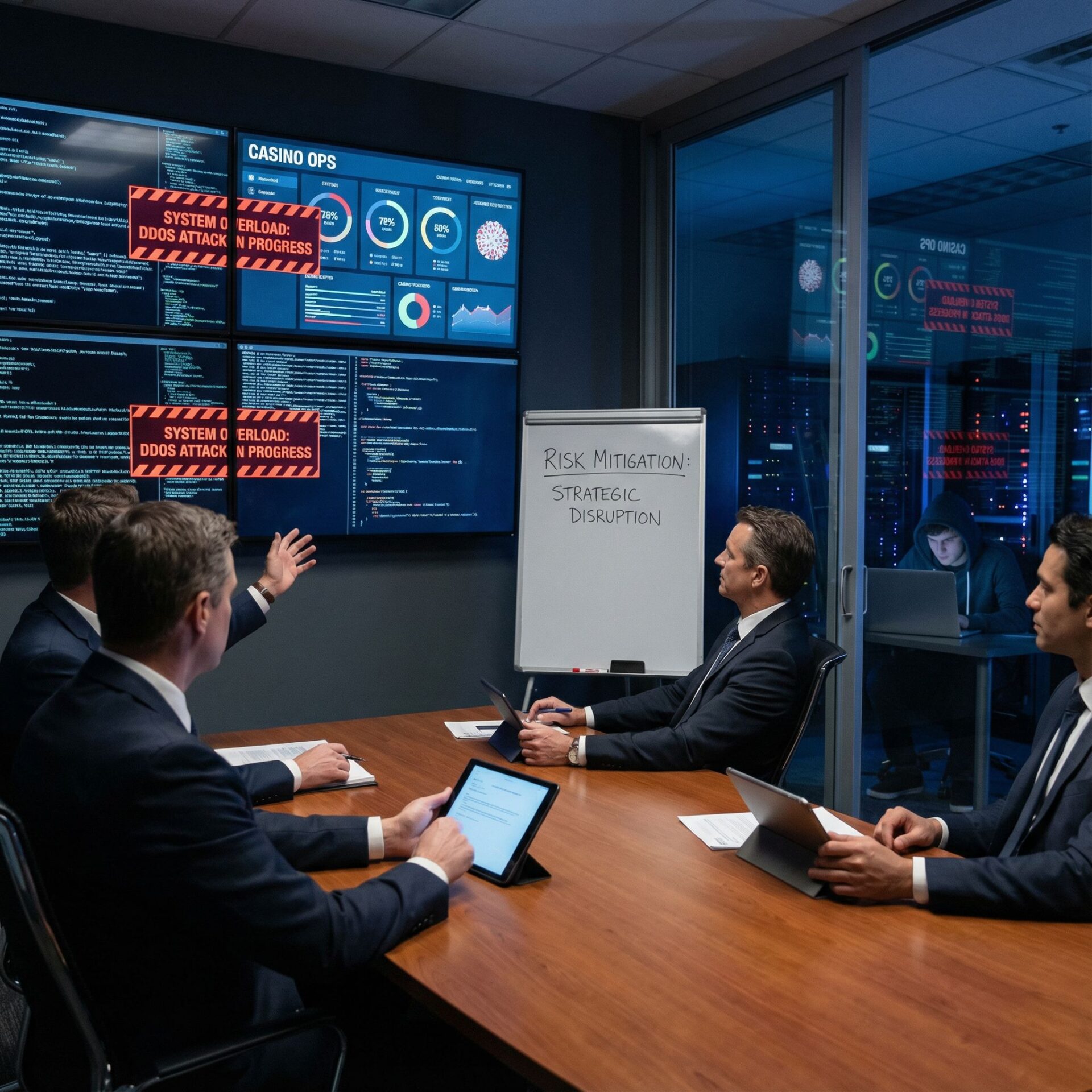 어두운 사무실에서 빨간 경고창 뜬 도박사이트와 서버에 해커 공격, 침착한 임원들 모습이다