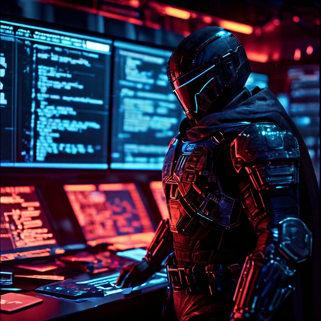 어두운 기술 사무실, 푸른 데이터 흐름에 라벨이 새겨지고 분석 화면이 겹친 모습이다