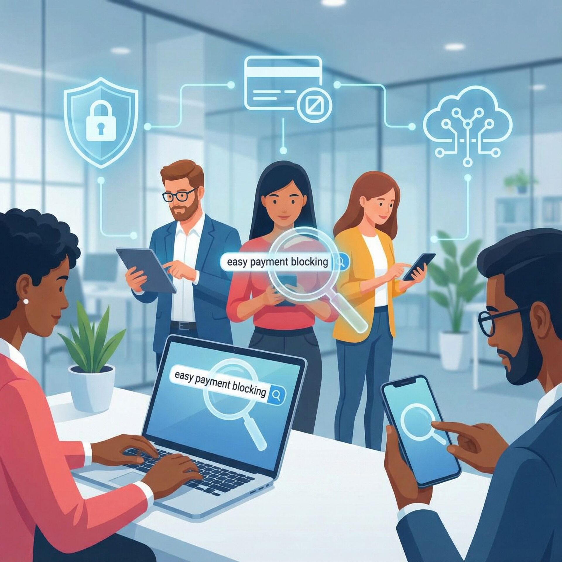 다양한 인물이 컴퓨터·스마트폰으로 결제차단 검색, 돋보기와 보안 아이콘이 파란 인포그래픽으로 배치된 모습이다