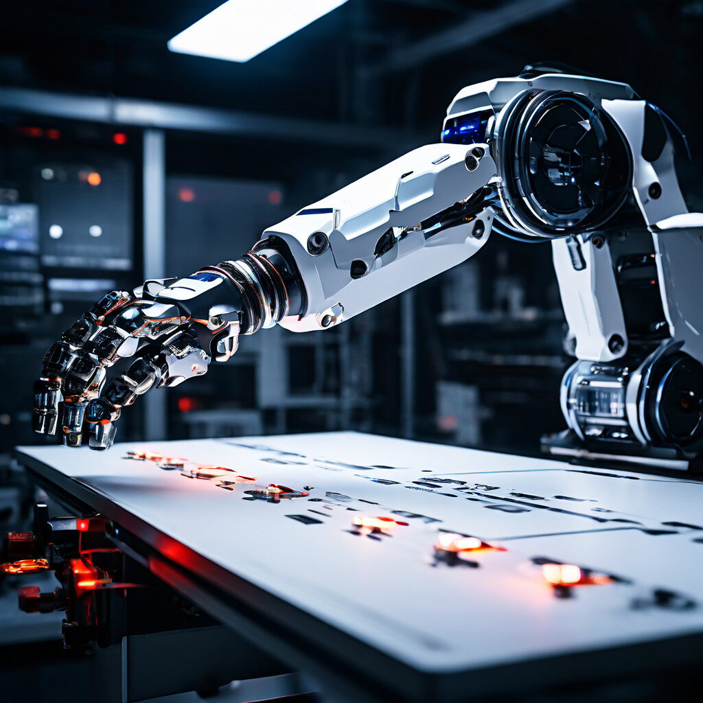 로봇 팔에서 나온 감지 광선이 뚜렷한 경계선 앞에서 멈춘 모습이다.