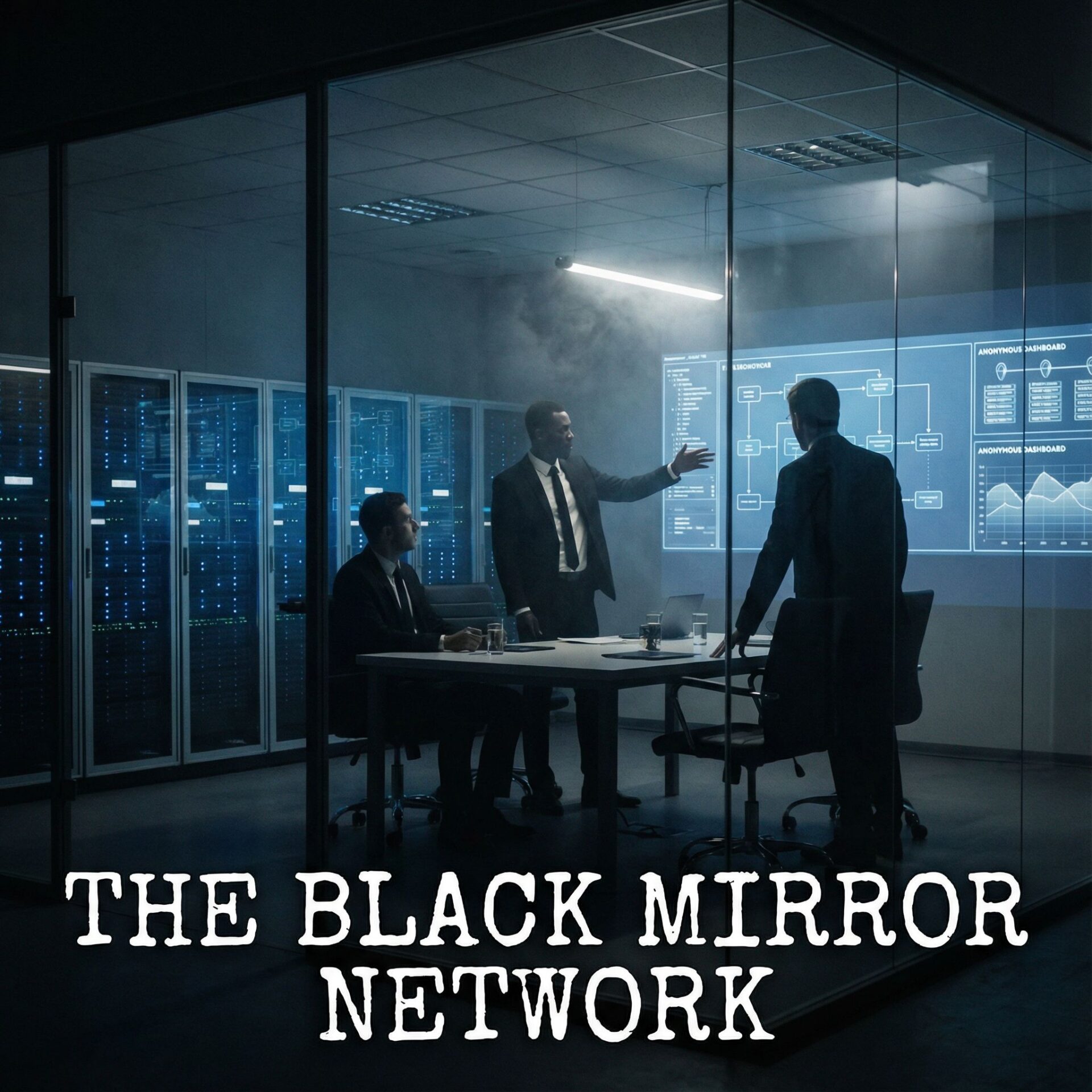 어두운 사무실에 양복 임원들, 푸른 서버랙과 대시보드가 빛나는 모습이다