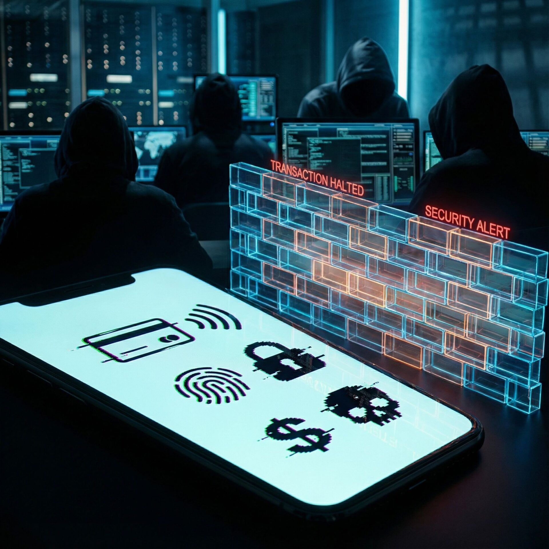 어두운 화면 속 스마트폰 결제 아이콘이 검은 인물로 변하고 방화벽 벽이 솟아 거래가 막힌 모습이다