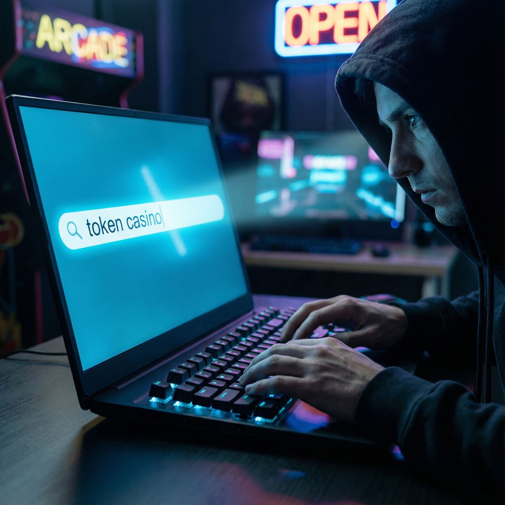 어두운 방, 네온빛 검색창에 토큰 카지노를 입력하는 손과 얼굴이 비친 모습이다