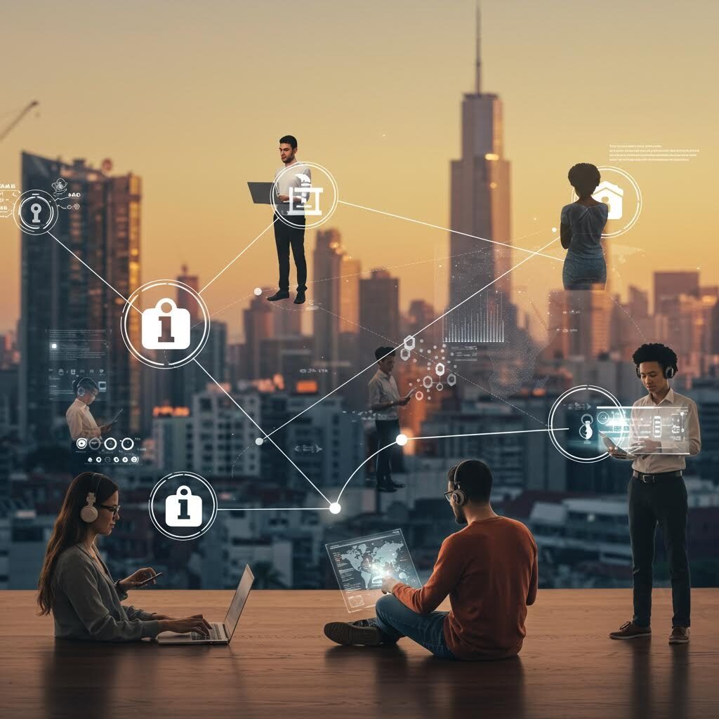 도시의 노을 풍경을 배경으로 사람들이 각자 노트북과 태블릿을 사용하며 공중에 떠 있는 아이콘으로 서로 연결된 디지털 네트워크 구조를 표현한 장면이다