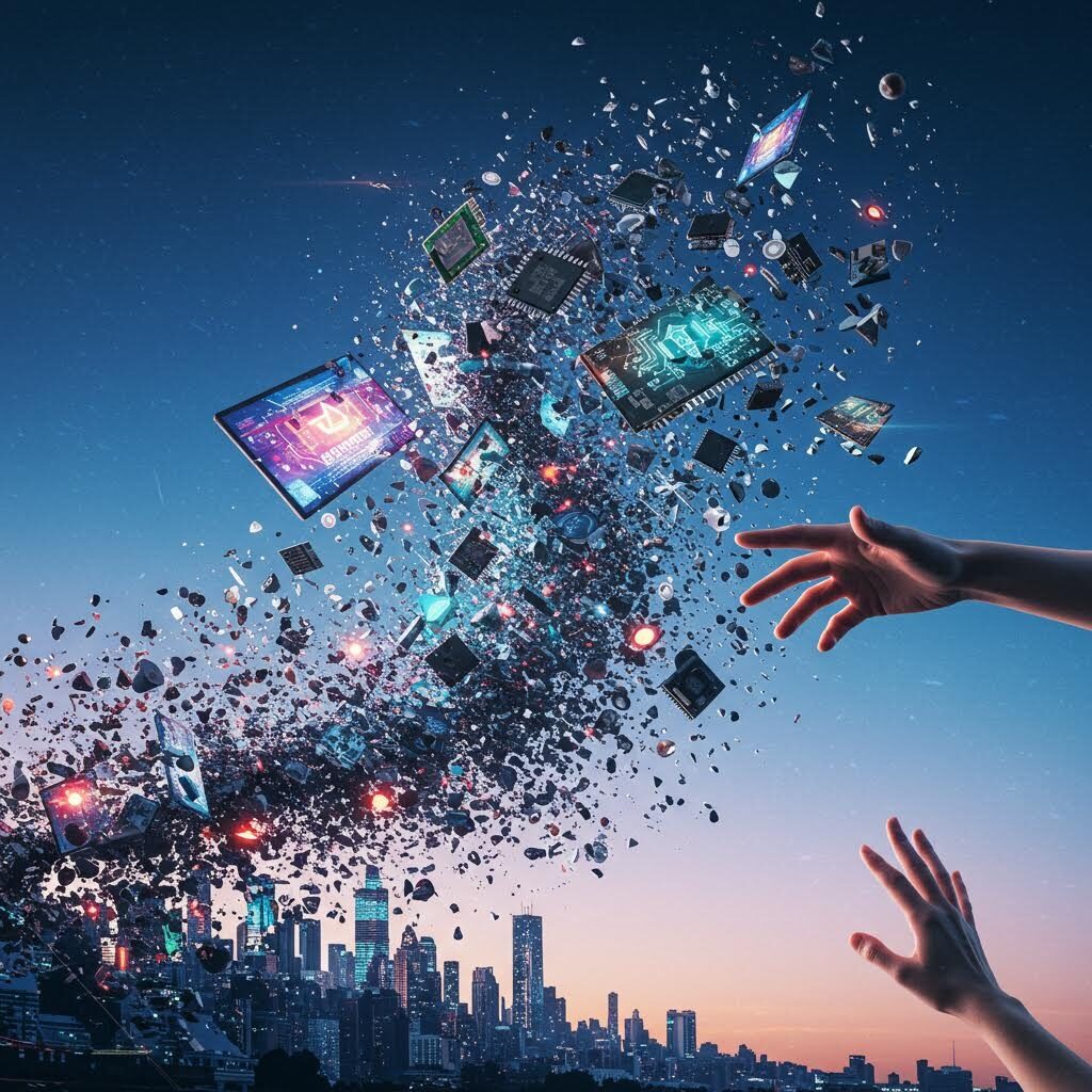 도시를 배경으로 전자기기 부품이 공중에 흩어지며 두 손이 그 조각들을 향해 뻗어 있는 역동적 장면이다
