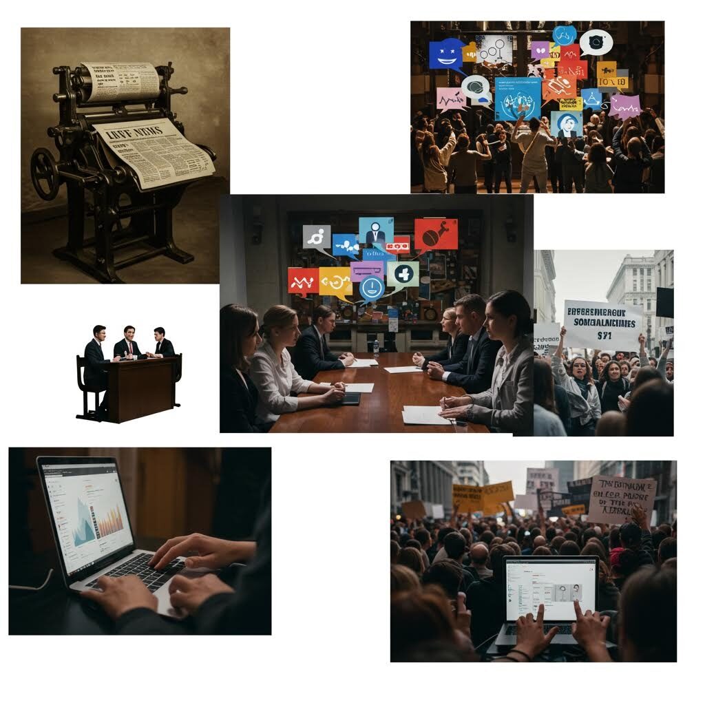 낡은 인쇄기, 시위 군중, 회의 테이블의 진지한 인물들, 노트북과 손글씨 자료 등 다양한 방식의 정보 생산과 전달 장면들이 한 화면에 모여 대비를 이루는 모습이다