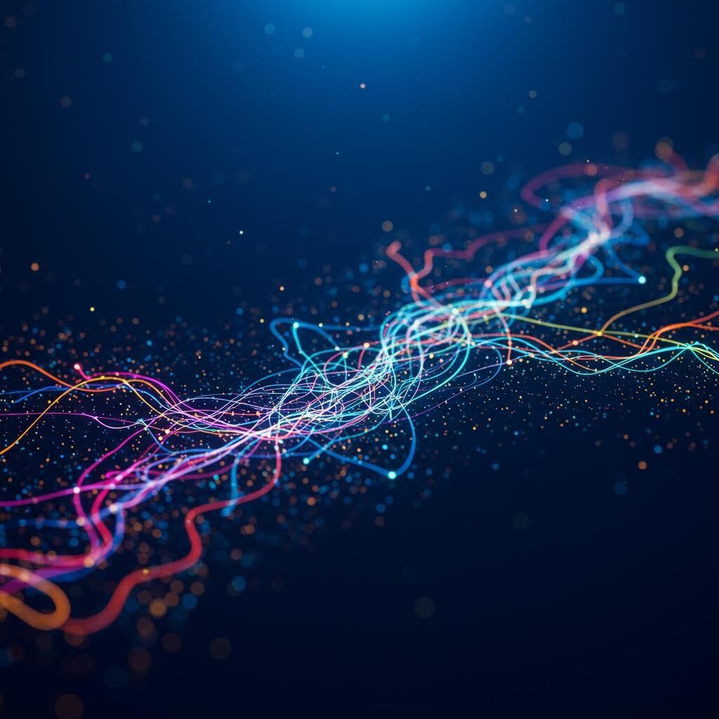 다양한 색의 빛줄기가 유동적으로 얽히며 미세한 입자와 함께 에너지 흐름을 형성하는 장면