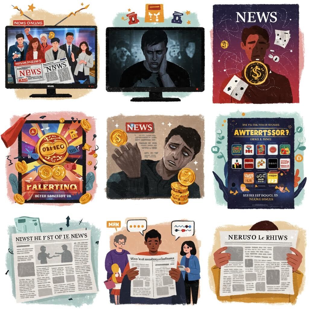 텔레비전 화면 속 뉴스 진행자, 도박 관련 그림, 복권과 돈을 바라보는 사람 등 미디어가 정보를 해석하고 감정과 상징을 덧입히는 여러 장면이 격자로 나열된 모습이다