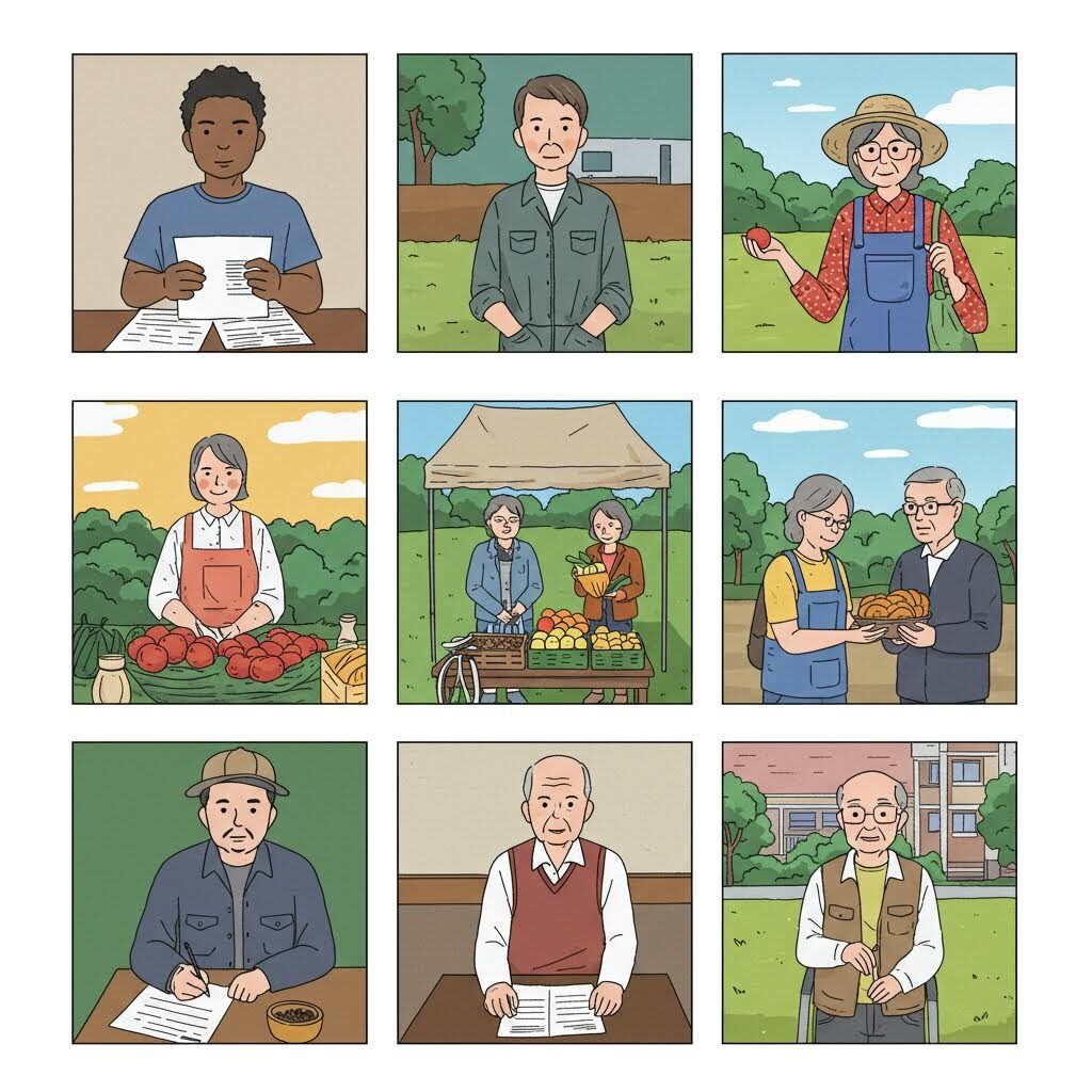 여러 연령대의 인물들이 서류를 작성하거나 농산물을 판매하고 교류하며 일상과 노동의 다양한 모습을 정면 초상 형식으로 담은 장면이다