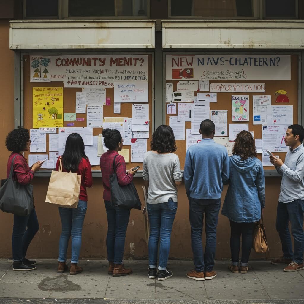 여러 사람이 공지와 메모가 가득한 실외 게시판을 살펴보며 정보를 확인하는 순간