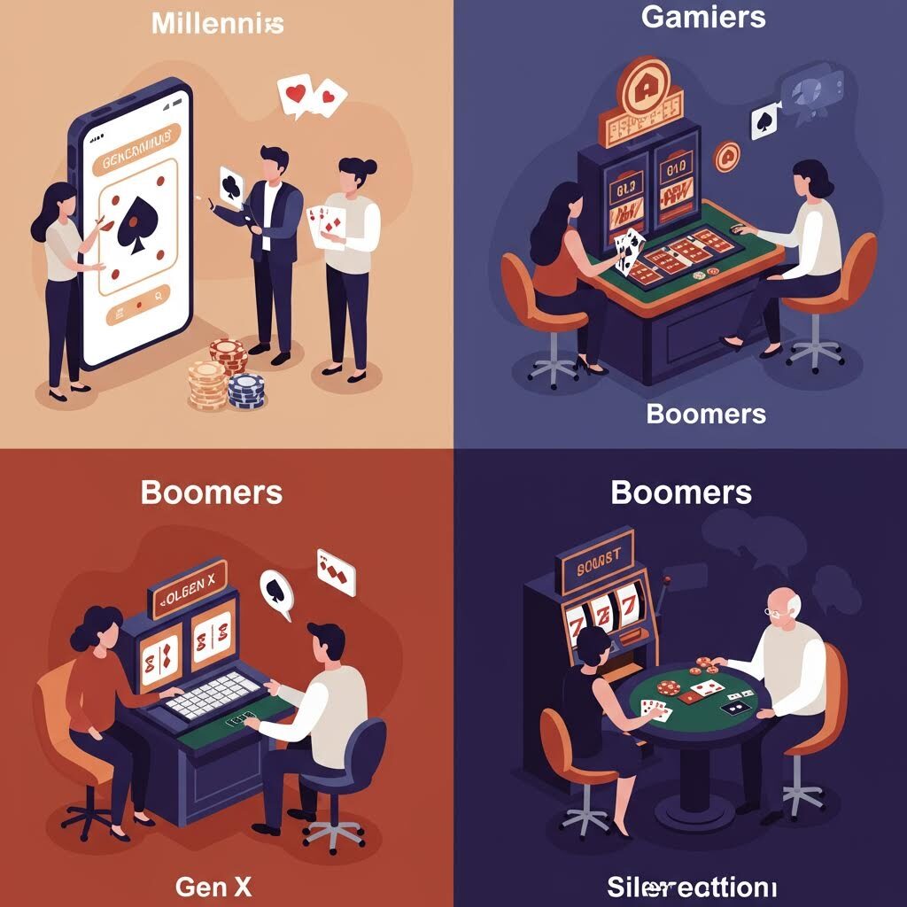 네 세대로 구분된 사람들이 온라인 카드게임, 슬롯머신, 컴퓨터 게임, 테이블 게임 등 서로 다른 형태의 오락 활동을 즐기는 모습을 비교해 보여주는 장면이다