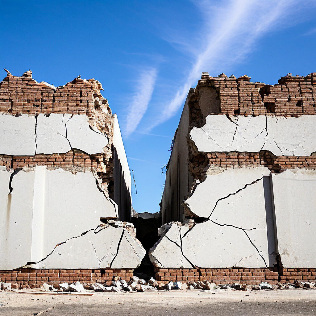 건물 기초의 균열이 하락하는 그래프를 그리며 근본적인 위험을 드러내는 이미지.