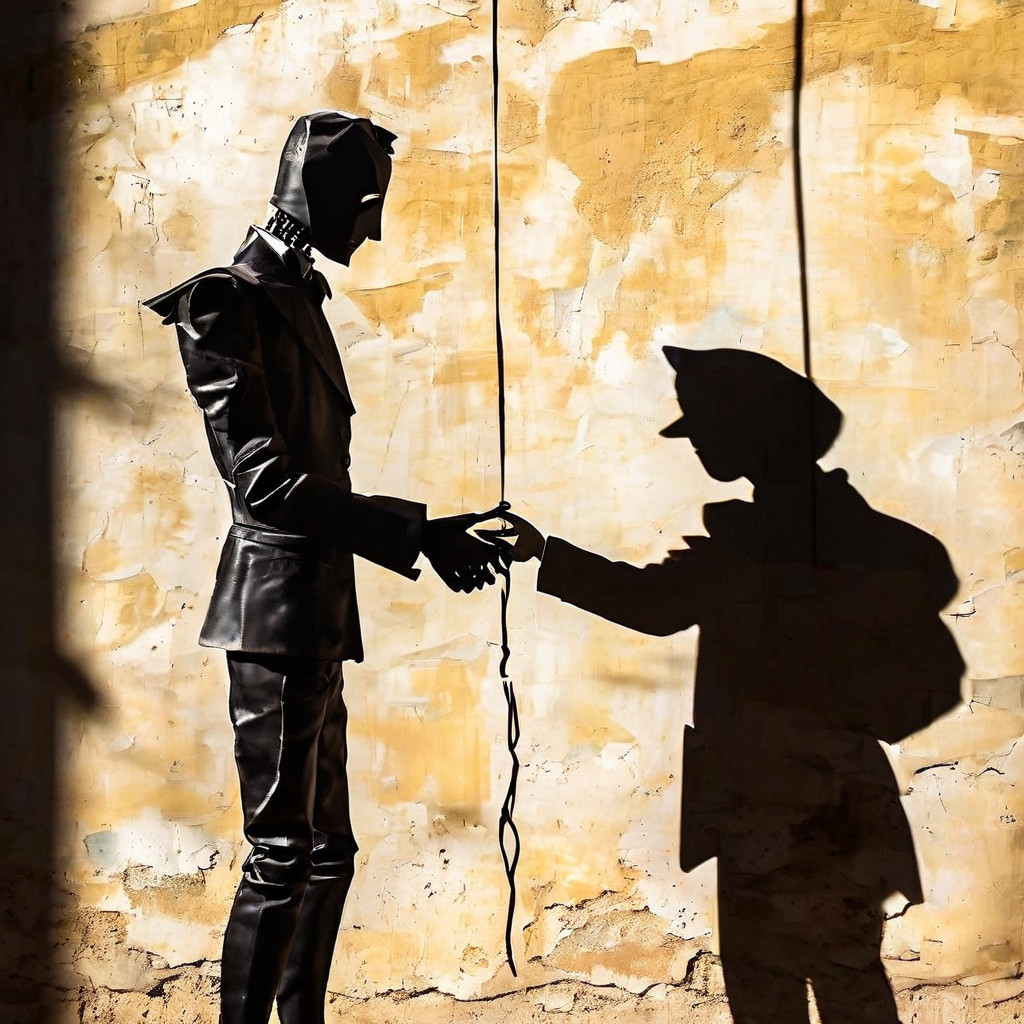 겉으로는 신뢰를 상징하는 악수를 하지만, 벽에 비친 그림자는 한쪽이 다른 쪽을 조종하는 인형술사와 꼭두각시 관계임을 암시하며 숨겨진 기만 전술을 보여주는 이미지.