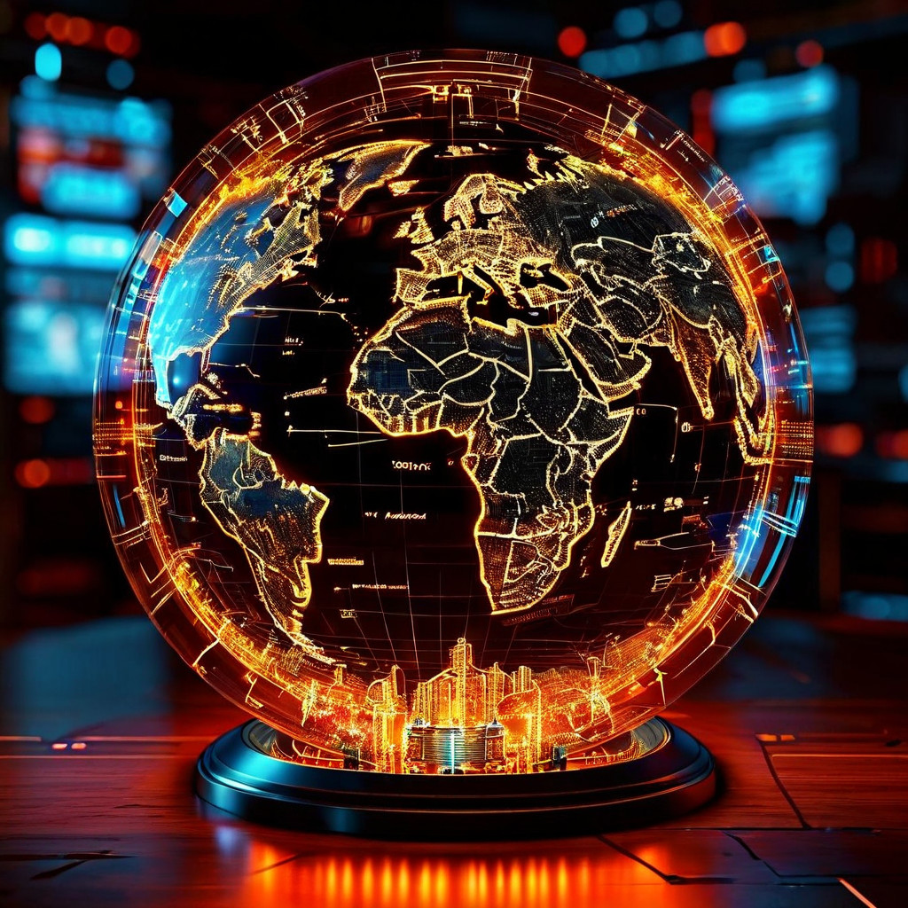 디지털 지구본 중심에서 빛나는 로스컷 시스템의 기술 설계도를 통해 글로벌 게임 산업에서의 핵심적인 위상을 상징적으로 보여주는 이미지