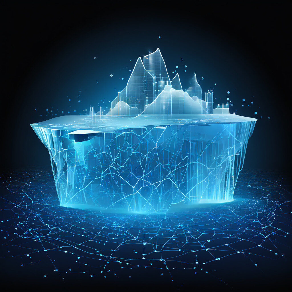 빙산의 일각인 단순한 그래프와 그 아래 숨겨진 복잡한 데이터의 실체를 보여주는 이미지.