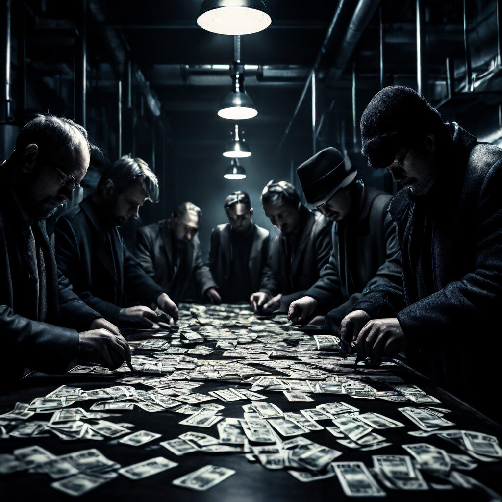 범죄 조직이 공장에서 대포통장용 카드를 대량 생산하여 불법 유통하는 과정을 묘사하는 이미지.