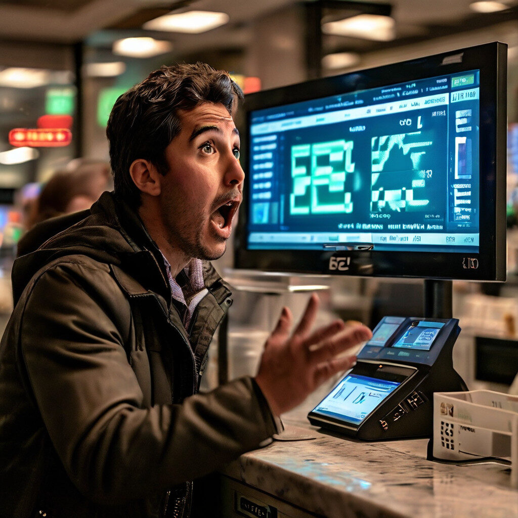 환전소 화면에 갑자기 나타난 예상 밖의 높은 수수료 안내에 경악하는 사람을 보여주는 이미지.