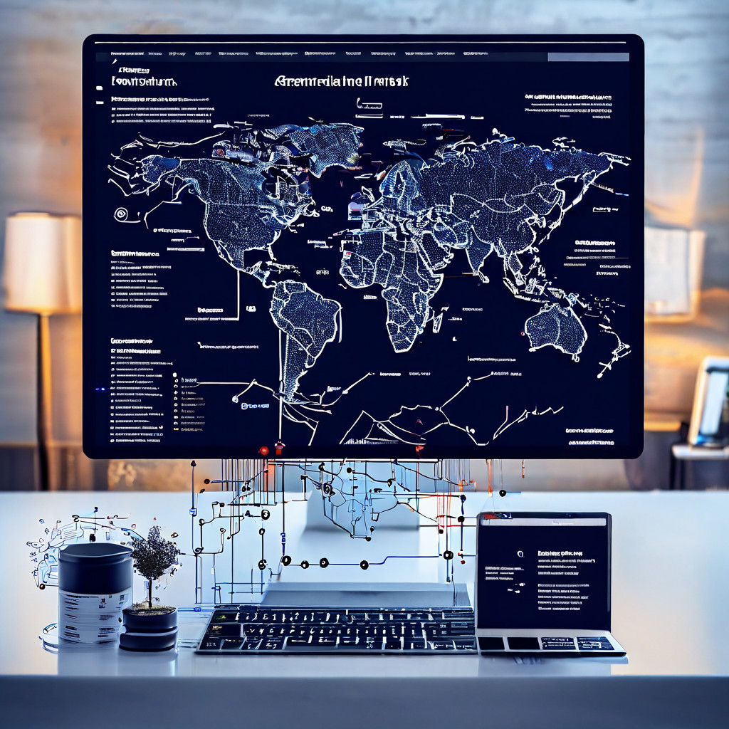전 세계 지도 위에 글로벌 사기 웹사이트의 정교한 비즈니스 구조와 네트워크를 기업 분석 형식으로 상세히 설명하는 순서도 이미지