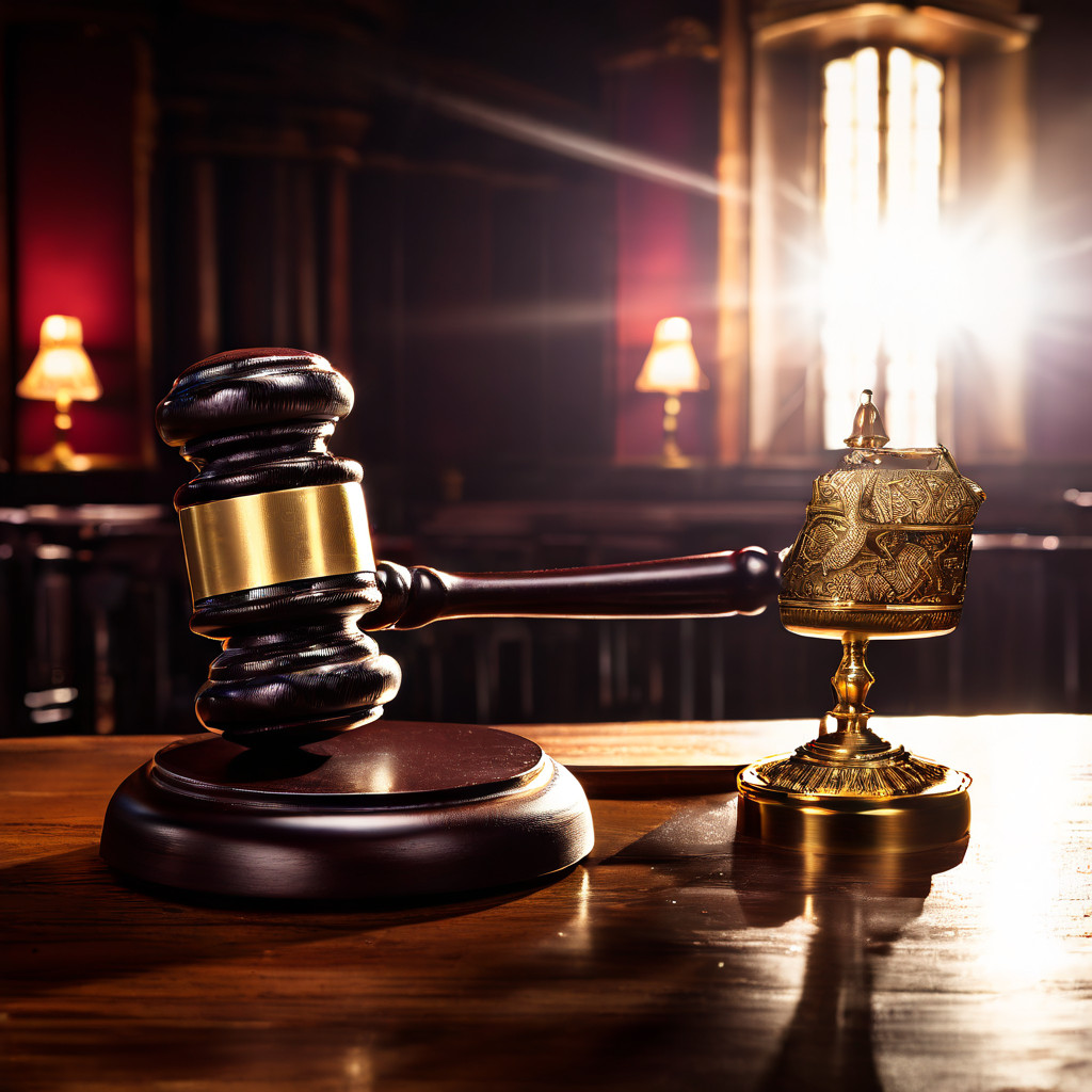 경쟁사의 불법적인 디도스 공격으로 서버가 마비되어 운영이 중단된 상황에서, 이러한 장애의 법적 책임과 정당성에 대해 판사봉과 물음표로 의문을 제기하는 모습을 보여주는 이미지.