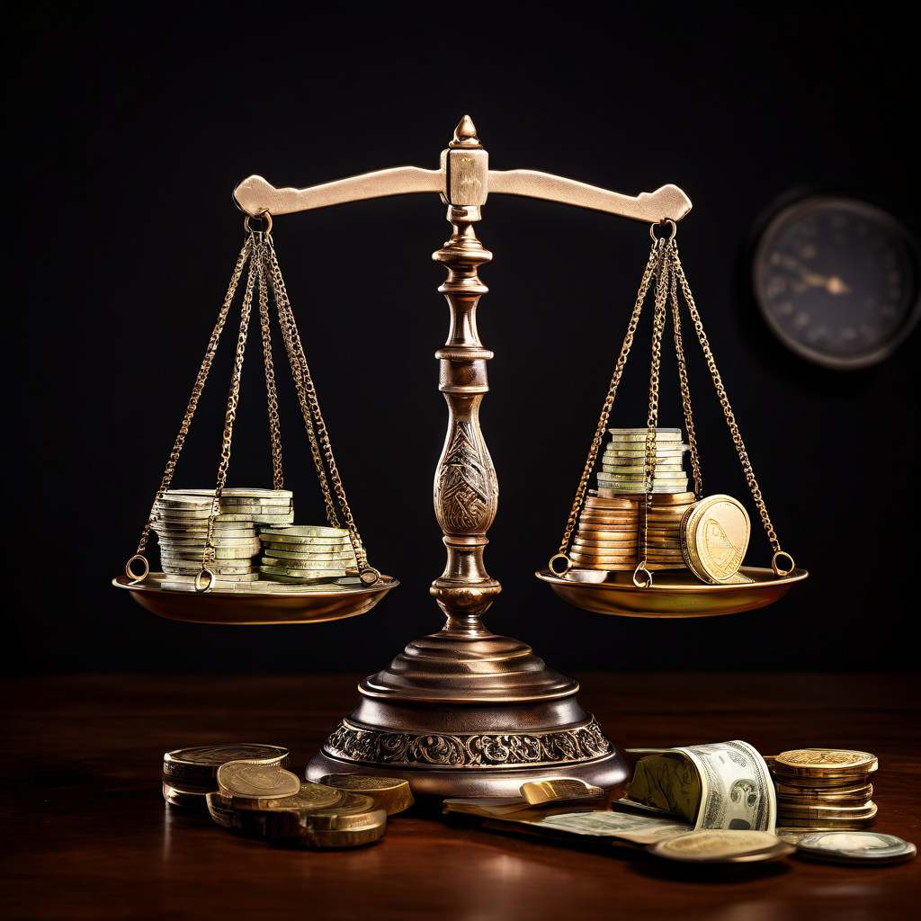 균형 잡힌 저울 위에서 돈과 의사봉이 수평을 이루며 기업의 재무적 안정성과 법적 책임의 중요성이 동등함을 상징적으로 보여주는 이미지.