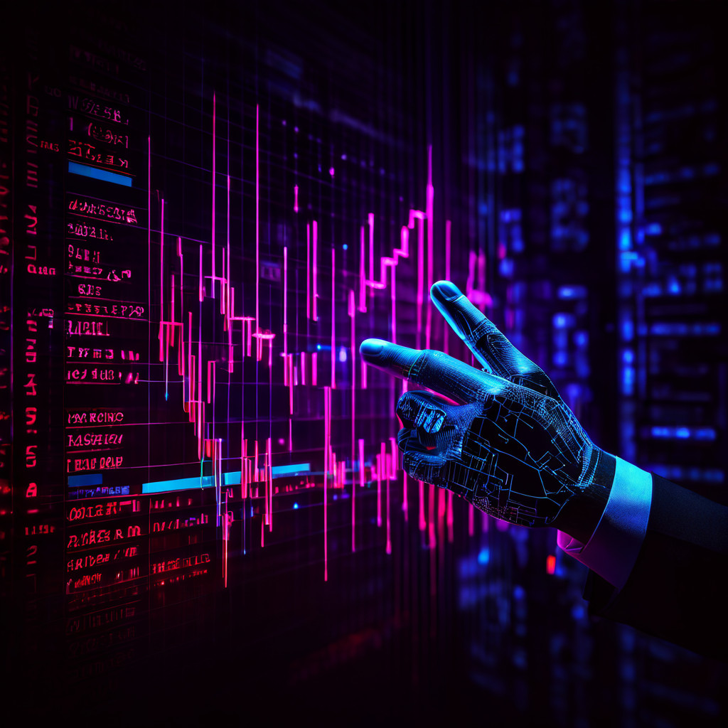 배후 세력이 '회복 추천주'라는 미끼로 금융 데이터를 조작하는 위험을 보여주는 이미지로, 이면의 손상된 데이터와 오류 코드가 숨겨진 금융 사기의 실체를 드러냅니다.