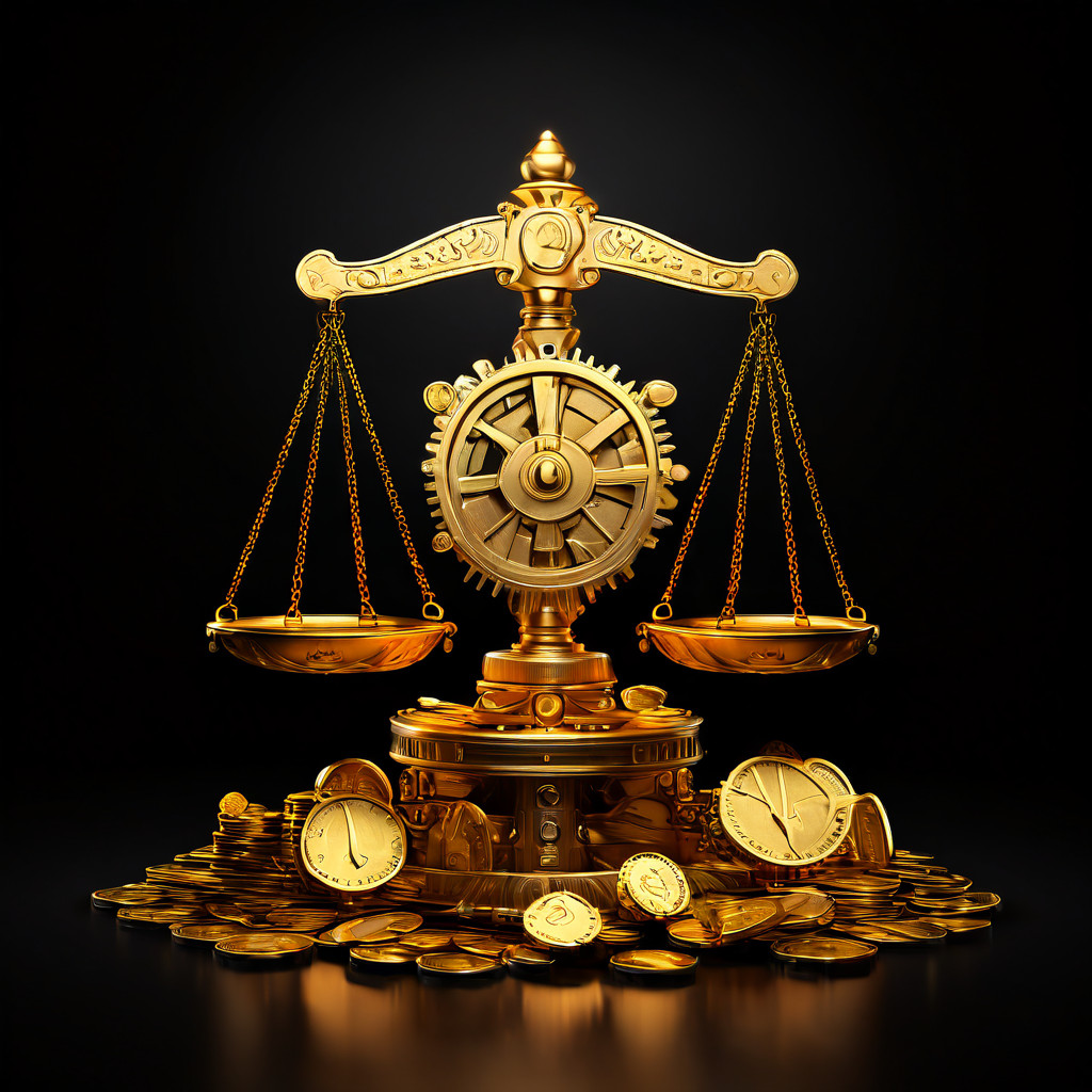 균형 잡힌 저울 위에서 통제된 금화 자산과 안정적인 톱니바퀴 시스템이 동일한 가치를 이루며, 재정적 한계를 통한 체계적인 자산 관리의 중요성을 시각적으로 설명하는 그림.