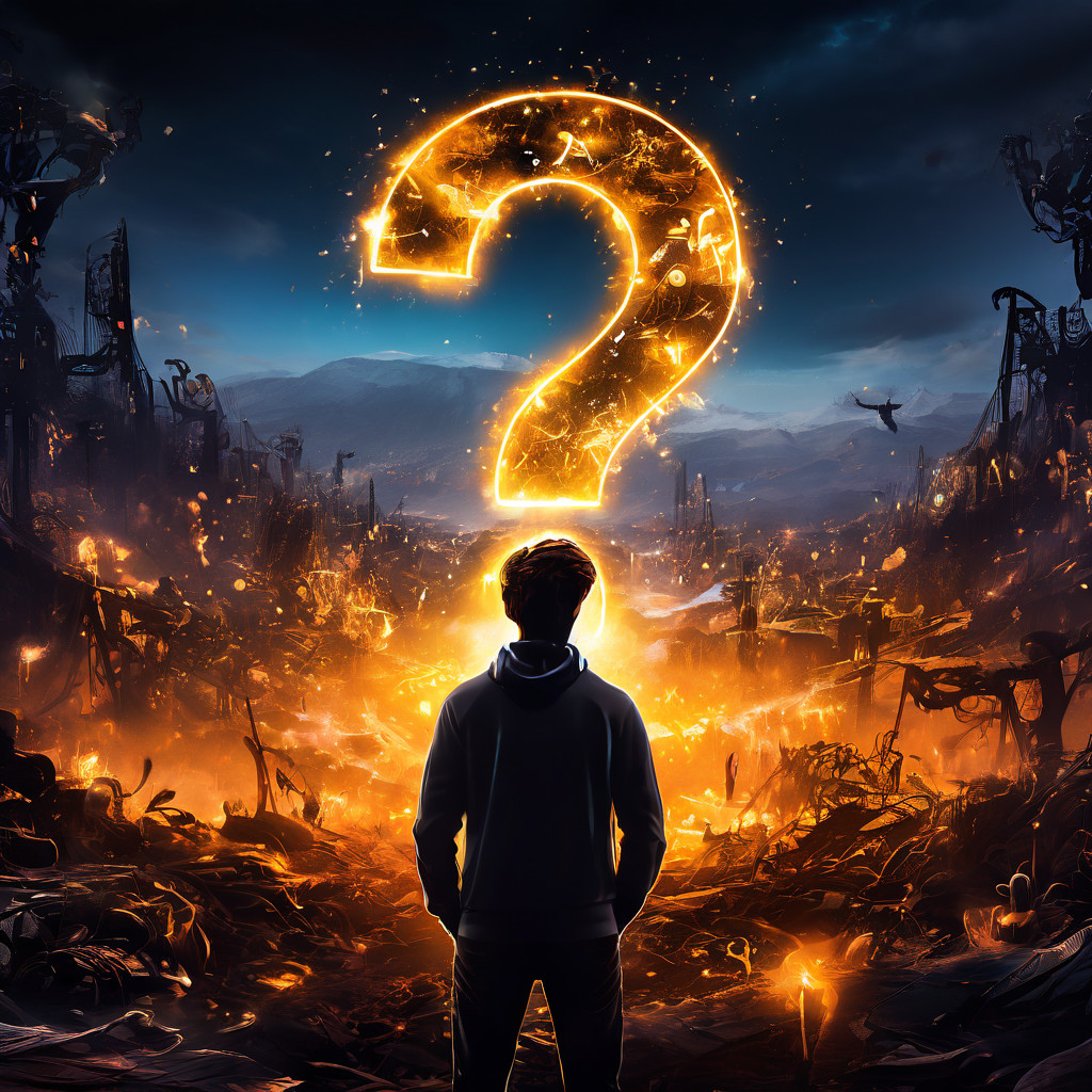 수많은 정보와 복잡한 과제 앞에서 방향성을 잃고 어떤 결정을 내려야 할지 몰라 깊은 고민에 빠진 사람의 막막한 심정을 상징적으로 보여주는 그림.