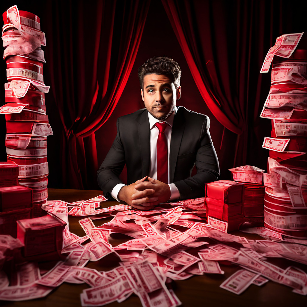 의심스러운 표정의 로또 당첨자가 인터뷰하는 모습. 거액의 당첨금 수표가 복잡한 관료주의를 상징하는 붉은 테이프에 묶여, 당첨금 지급 지연과 절차의 정당성에 의문을 제기하는 상황을 묘사하는 그림.