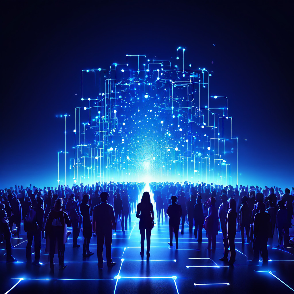 기존 플랫폼의 사용자들이 심리적 기제에 이끌려 더 나은 기회가 있는 새로운 디지털 서비스로 이동하는 과정을 빛나는 경로로 묘사한 그림.