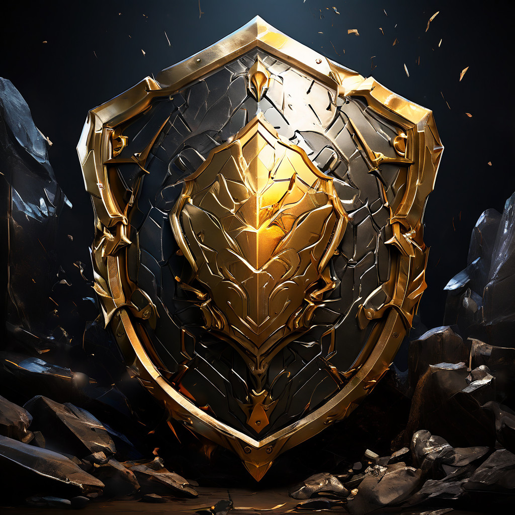 금, 집, 주식 등 핵심 자산을 외부의 파괴적인 위협과 균열로부터 안전하게 지켜주는 견고한 기초 방패를 보여주는 이미지.