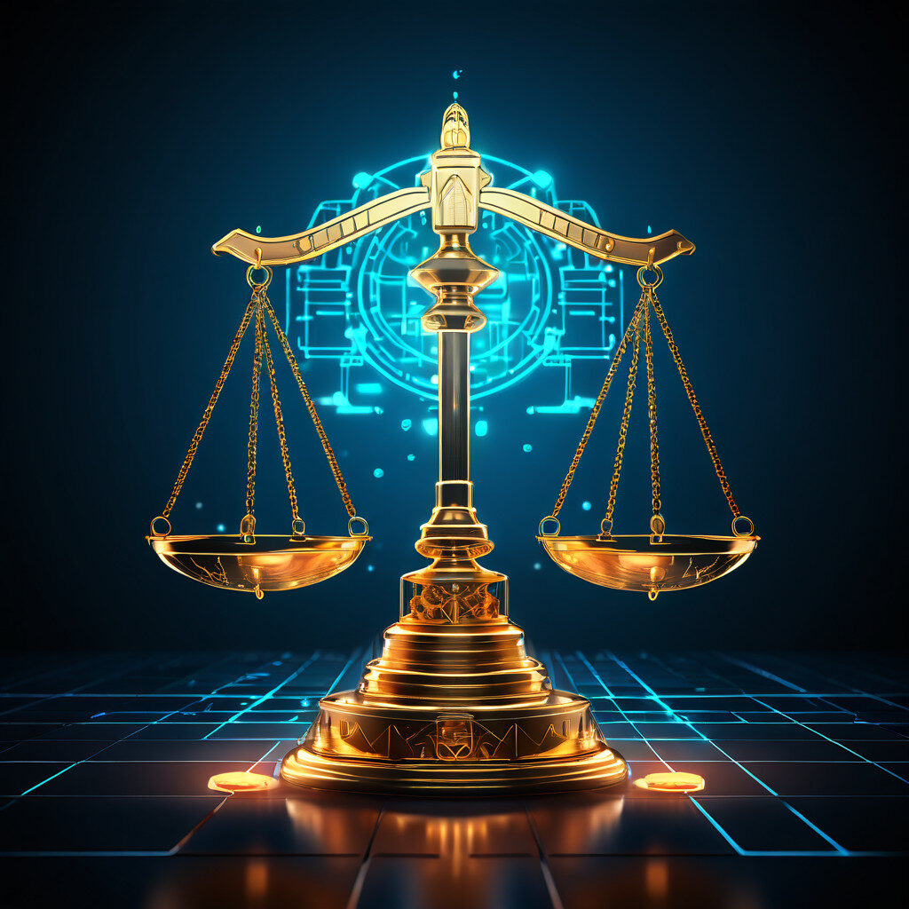 디지털 회로로 연결된 금융 아이콘과 정의의 저울이 법적 책임을 나타내는 이미지.