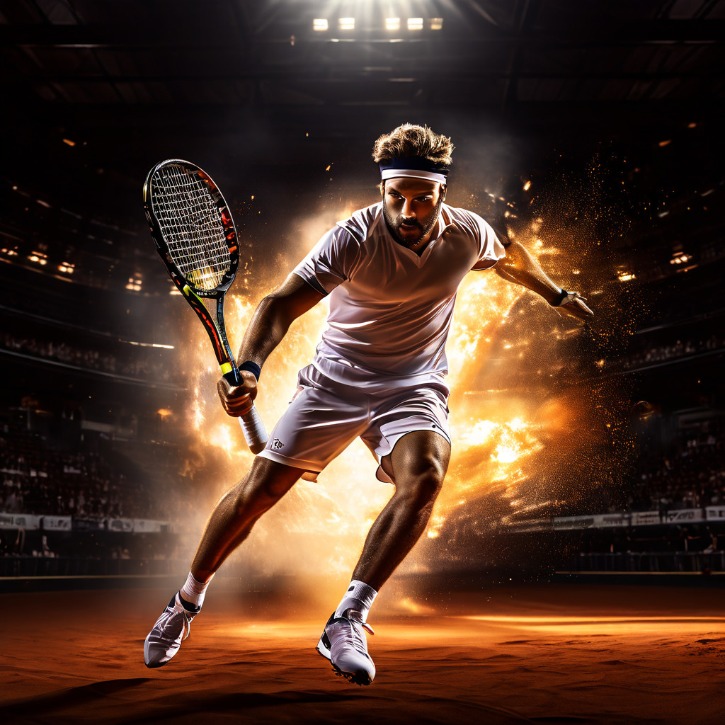 최정상급 선수를 위한 궁극의 시험 무대인 하드 코트에서, 극적인 조명 아래 역동적인 플레이를 선보이는 올라운드 테니스 선수를 묘사하는 그림.