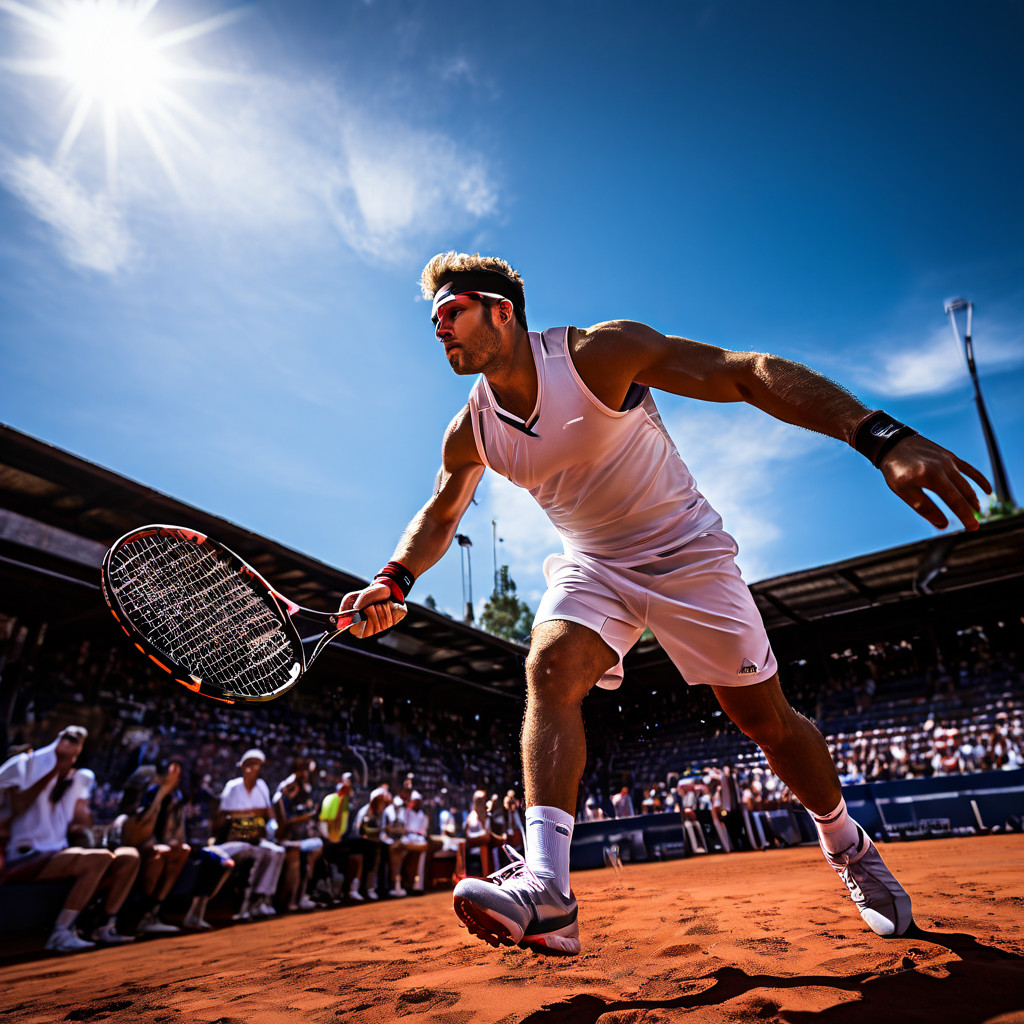 클레이 코트에서 펼쳐지는 치열한 승부 속, 한계에 도전하며 인내력과 전략을 겨루는 테니스 선수의 극적인 모습을 담은 이미지.