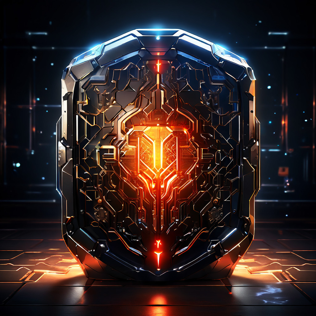 정교한 필터링 알고리즘이 빛나는 디지털 쉴드를 형성해 외부의 사이버 위협을 실시간으로 차단하는 지능형 보안 시스템을 묘사하는 그림.