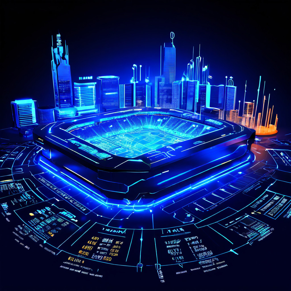 스포츠 베팅의 승리를 위해 빛나는 데이터 차트와 통계 그래프를 통합하여 분석하고, 이를 기반으로 체계적인 필승 전략 청사진을 수립하는 과정을 시각적으로 보여주는 이미지.