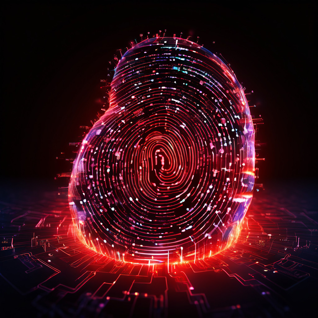 복잡한 블록체인 네트워크에서 온체인 데이터를 분석하여 생성된 디지털 지문으로 익명의 악용자를 특정하고 추적하는 과정을 시각적으로 보여주는 이미지.