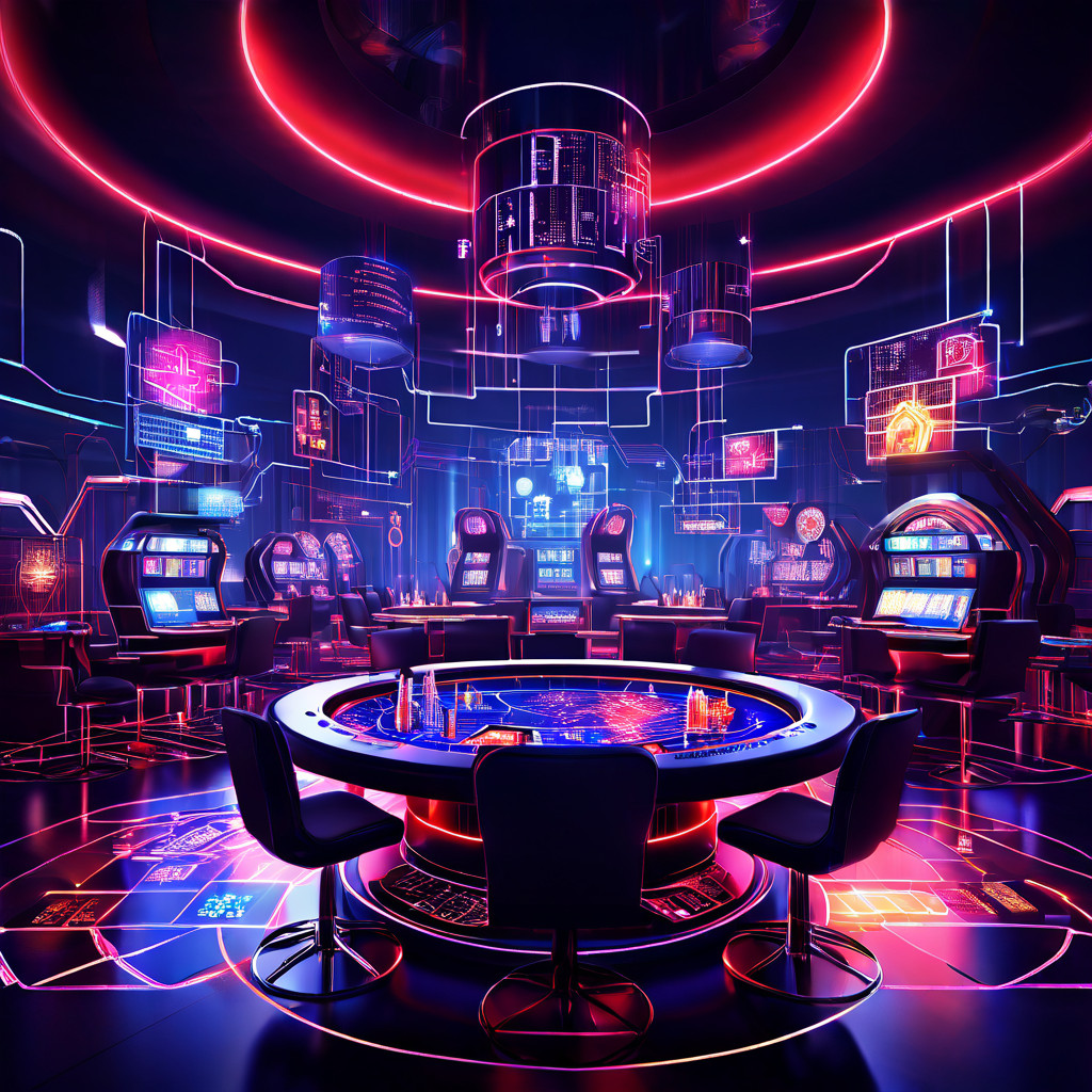 메타버스 카지노에서 아바타들이 포커를 즐기는 모습과 이를 뒷받침하는 서버, 코드 등 기술 인프라를 홀로그램 설계도로 시각화한 이미지.