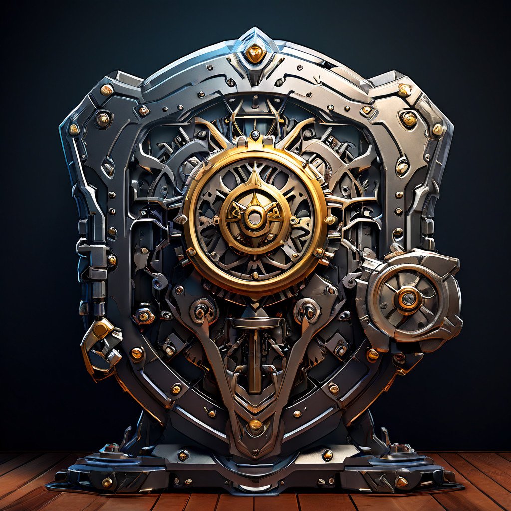 보안을 상징하는 방패와 규제를 의미하는 의사봉이 복잡한 기술 시스템의 톱니바퀴를 안전하게 보호하며 안정적인 운영을 보장하는 모습을 설명하는 그림.