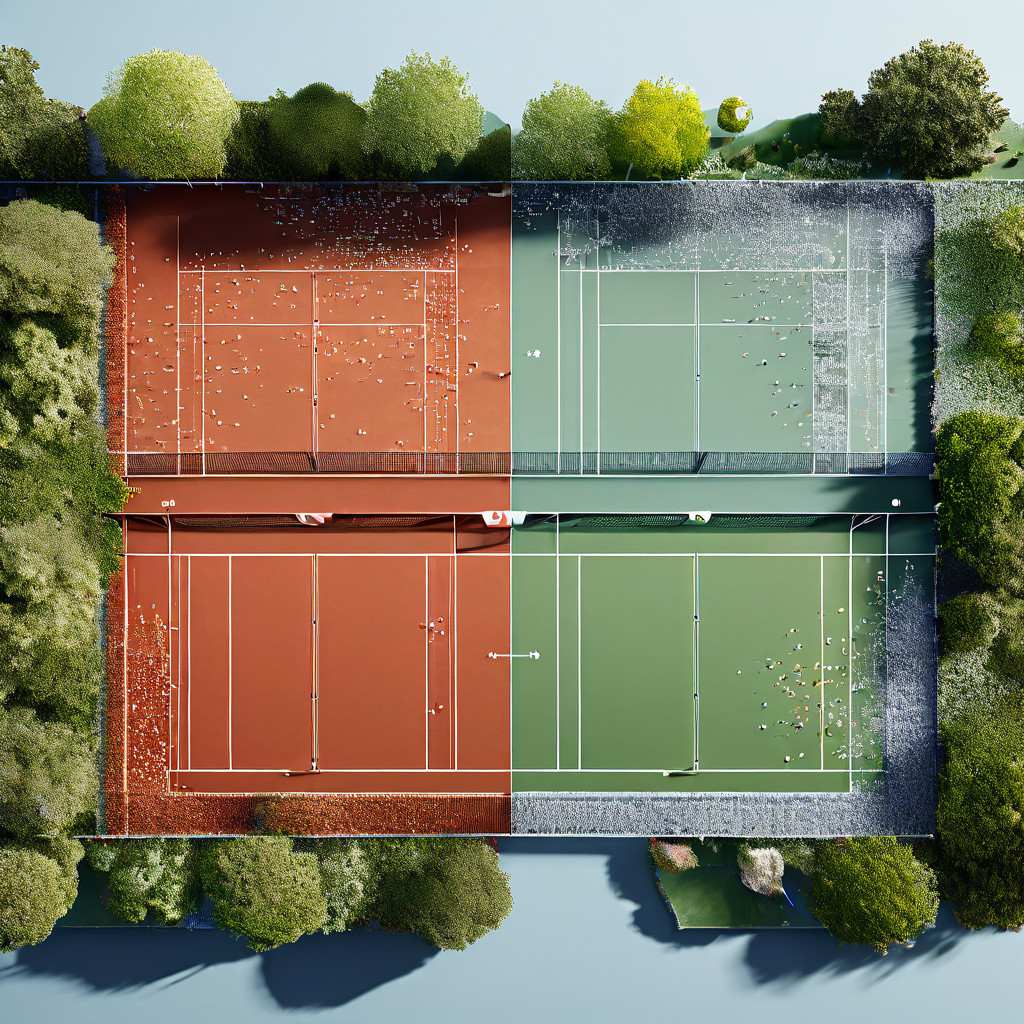 테니스의 클레이, 잔디, 하드 코트 표면별 특징에 따라 베팅 배당률과 경기 통계 데이터가 어떻게 달라지는지를 시각화 그래프로 보여주는 분석 이미지입니다.