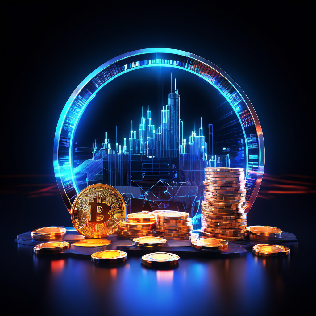 가상화폐 코인과 카지노 칩이 융합하며 새로운 자금 조달 모델의 등장을 상징하고, 배경의 우상향 그래프가 미래 투자 가치를 보여주는 이미지.