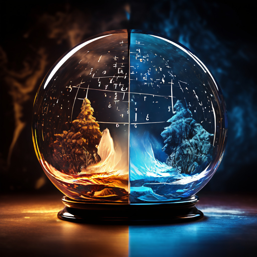 수정 구슬로 미래를 수동적으로 예측하는 자아와 행동으로 미래를 직접 창조하는 자아의 대립을 통해 자기충족적 예언의 개념을 시각적으로 설명하는 이미지.