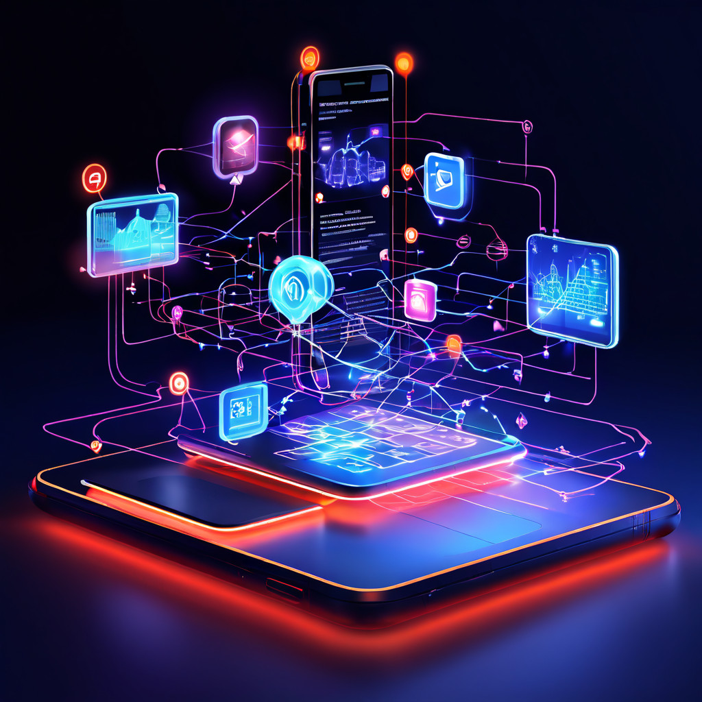 스마트폰, 노트북, 태블릿 등 다양한 디바이스를 아우르는 크로스 플랫폼 전략을 통해 강력한 시너지 효과를 창출하는 개념을 시각적으로 보여주는 이미지.